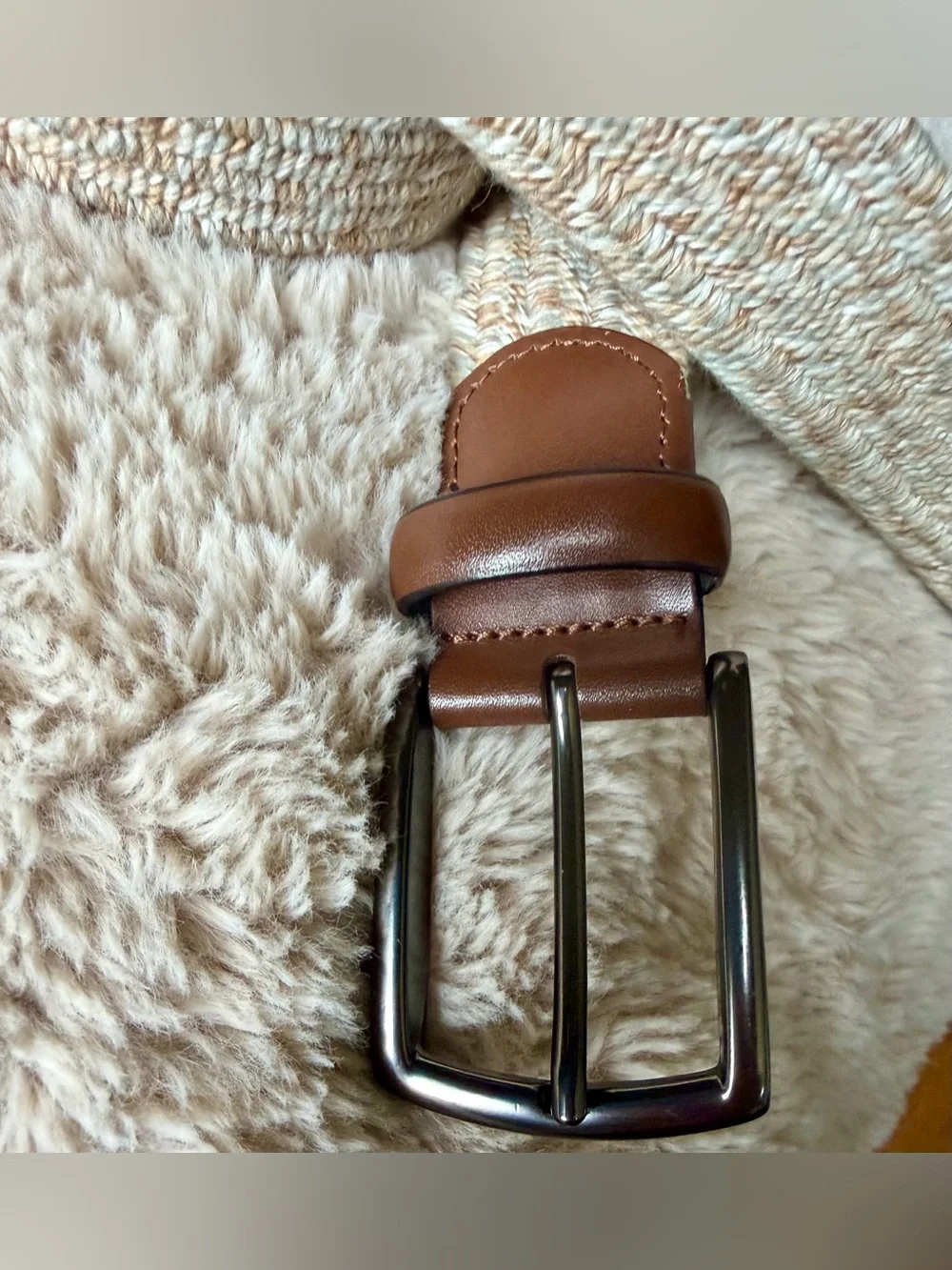 Roundtree & Yorke Men’s Woven Stretch Belt Beige Brown Leather Size 44